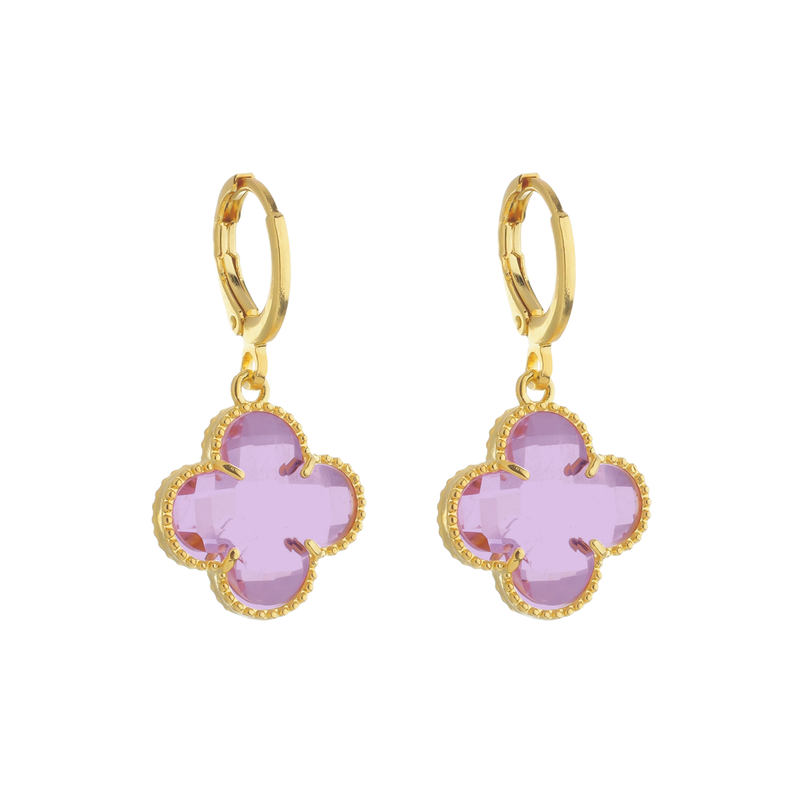 Brinco Dourado de Trevo com Zircônia Rosa - FRENÉTICA